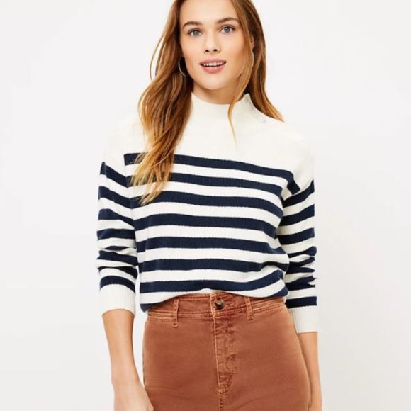 NWT LOFT Petite Striped Shoulder Button Sweater - Picture 1 of 3